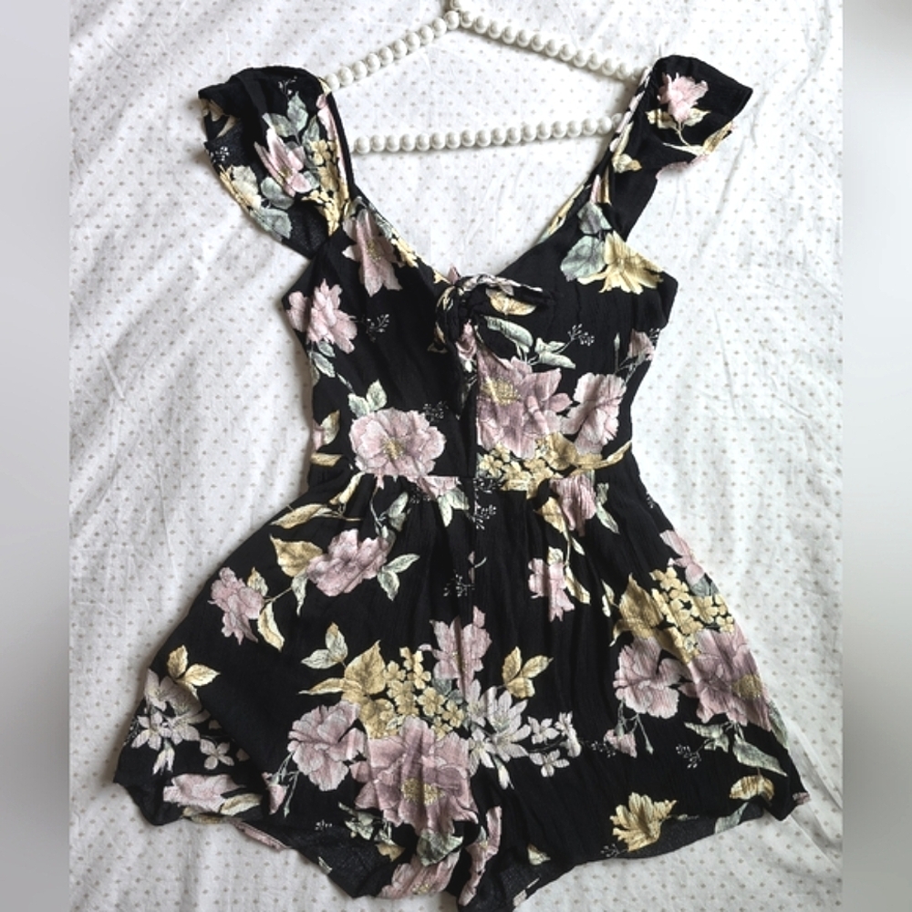 Black Floral Romper With Tie Back